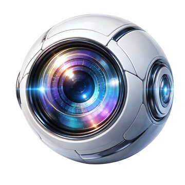 Futuristic White Spherical AI Camera Eye and Drone Bot with Glowing Blue Lens, 3D Render High-Tech Surveillance, Security and Monitoring Concept, Isolated on Transparent Background