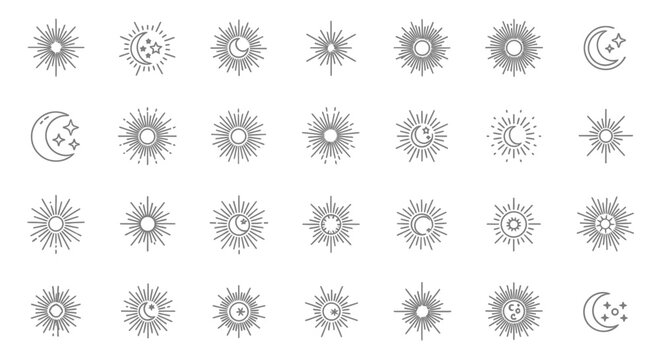 Sun, Starbursts, and Moon with Stars Line Art Icons Set on Isolated White Background