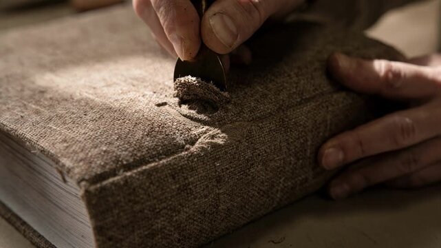 Clip of an artisan creating a debossed logo on a binder spine emphasizing the deep indented impression and rich tactile quality on a fabricbound cover.