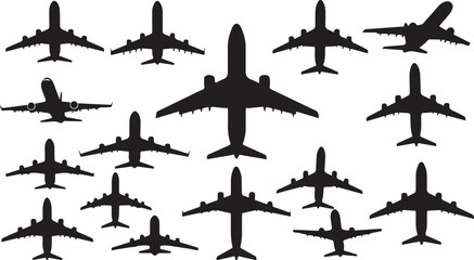Collection of airplane silhouettes in various flight positions overhead