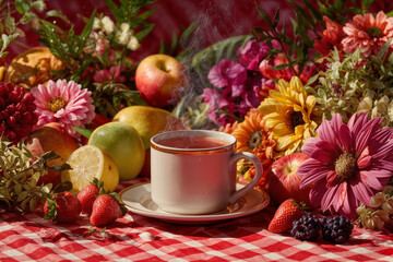 Fototapeta premium Home Enterprise Cozy Beverage Amid Vibrant Fruit and Floral Arrangement for Inviting