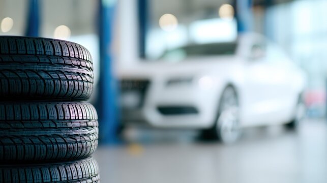 New tires wait by a car in an auto service shop on a busy day