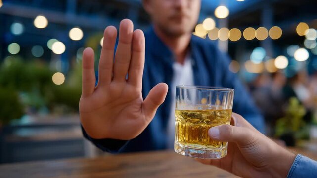 Faceless man holding hands up to refuse drink, friend offering glass of alcohol, close-up of gesture, healthy lifestyle choice, decision-making moment, defocused bar or party backg