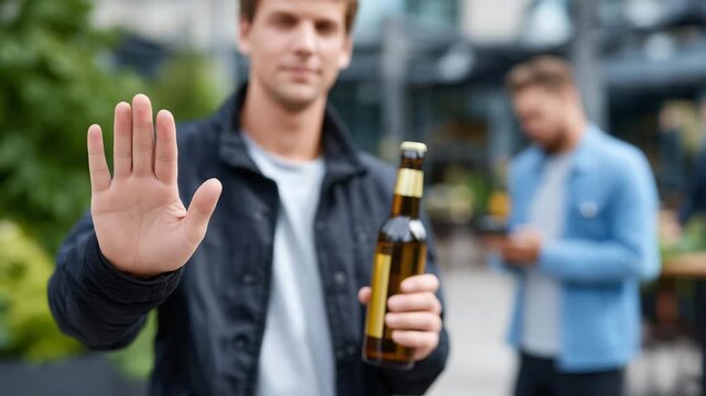 Faceless man politely saying no to alcohol, hand signaling stop, friend holding bottle, decision for health and personal responsibility, blurred background with social context