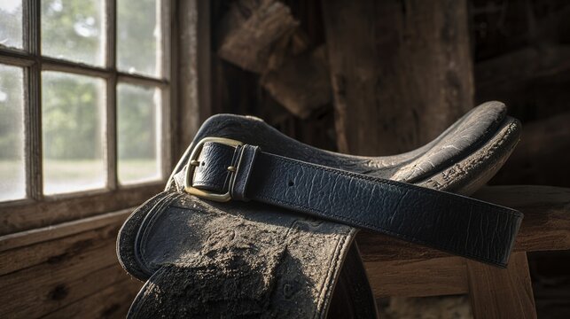 girth. Leather horse girth draped over a wooden saddle, brass buckle gleaming. wildlife magazines, conservation campaigns, designed for wildlife conservation campaigns, promotes animal welfare.