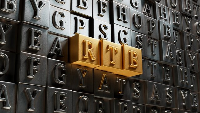 rtb, real, time, bidding. wooden table with Movable type printing. text on wood blocks.close up of Movable type printing,Business Concept.3D rendering. 