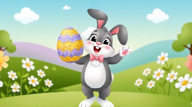 A cartoon bunny holding a decorated Easter egg in a field of flowers on a sunny day