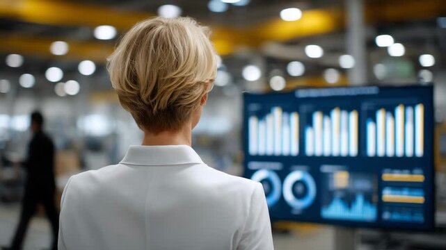 Faceless woman leading process improvement initiative, abstract charts and progress indicators, industrial setting, continuous improvement and operational efficiency