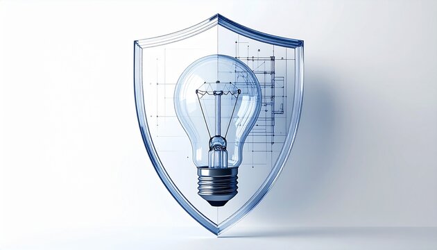 3D blueprint lightbulb idea innovation shield protection design concept technology creativity