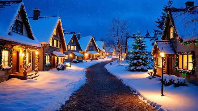 Snowy village street at night