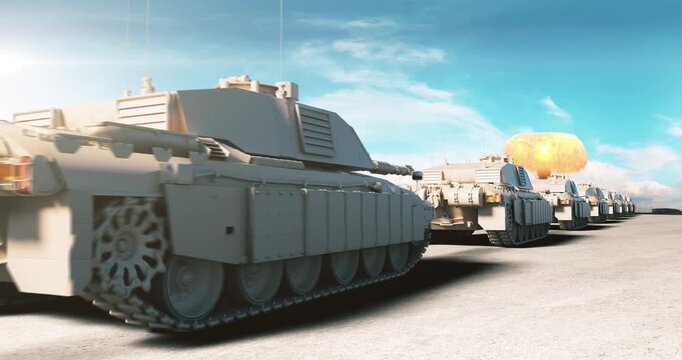 Massive blast effect near a line of army tanks on a dry desert. World War Related 3D Animation.