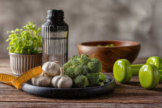 Detox Diet Essentials Fresh Broccoli, Garlic, Herbs, and Fitness Equipment for a Healthy