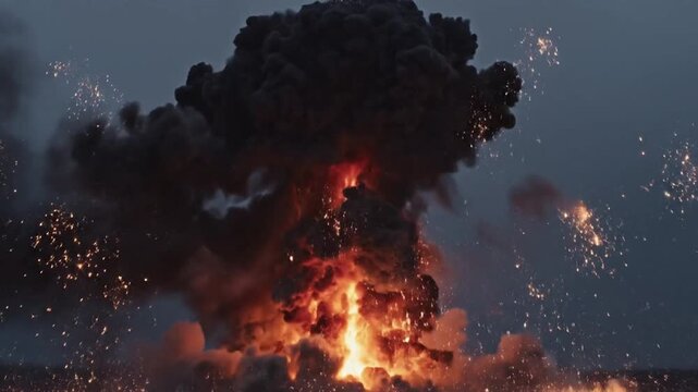 Massive explosion with fire and smoke.