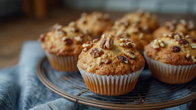 Homemade nutty muffins arranged on rustic wire rack, generous walnut pieces and streusel sprinkled on top, warm golden tones, cozy breakfast scene