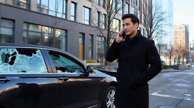 Man on phone near car with shattered window