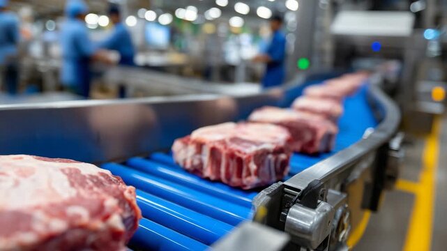 Industrial meat processing line, close-up of conveyor belt with cuts of meat, automated wrapping and packaging machines, factory environment with operational staff, production line