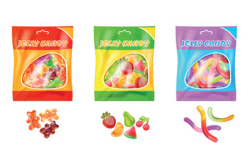 Jelly candy package. Gummy bear realistic pack snack sweet dessert marmalade sugar, fruit gum confectionery vitamin candies gelatin pouch wrapper box, 3d exact vector illustration