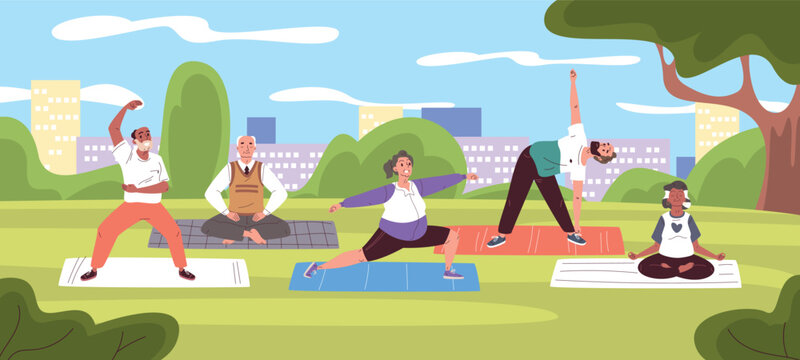 Seniors yoga park. Elderly people group meditation on nature, stretch physical exercise old age man woman sport activity retirement health wellbeing, classy vector illustration