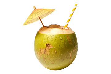 Fresh green coconut water with a straw and umbrella isolated on white background.