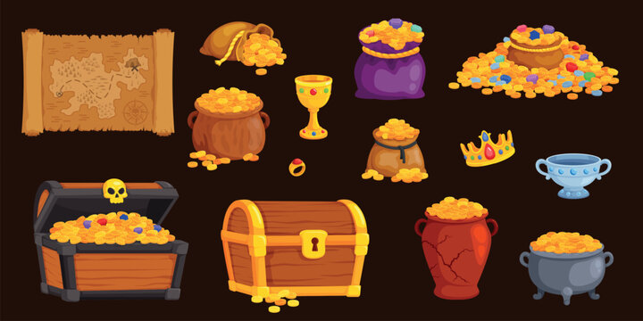 Pirate treasure piles. Treasures chest, wooden box full gold coins jewelry medieval money bags old treasury pile find game map open chests golden jewel, kicky vector illustration