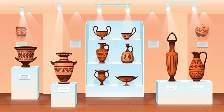 Museum ancient pottery. History art gallery cartoon interior, antique greek vase roman jug handicraft pot artwork hall room archaeological pottery qualitative vector illustration