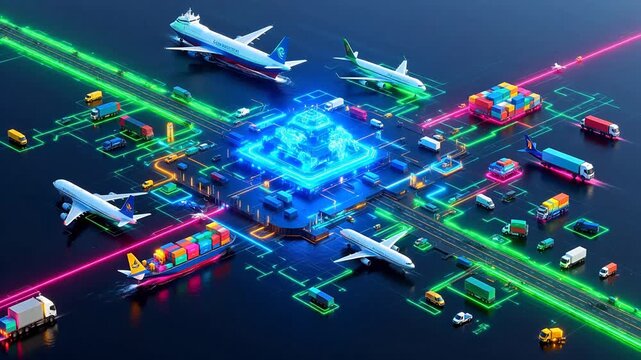 Futuristic transportation hub with planes trucks and ships