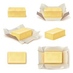 Naklejka na ściany i meble Realistic butter block. 3d margarine stick open wrapping package, spread bar cheese slice cream piece dairy milk product breakfast cooking food isolated garish vector illustration