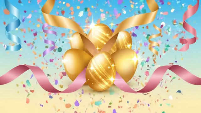 Golden eggs and ribbons surrounded by confetti in a festive celebration scene with colorful decorations and joyful atmosphere