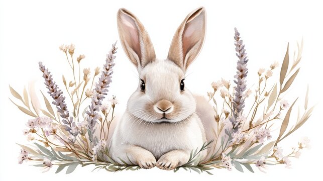 watercolor picture of playful Easter bunny hopping across grassy field, surrounded by small flowers in soft pastel colors like lavender, peach, green. 