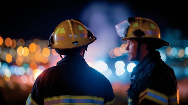 Out-of-focus firefighters coordinating at disaster response scene, reflective uniforms glow under emergency lights, wide framing with negative space