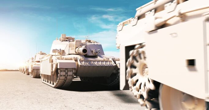 Armored tank firing main gun during a sunset battle. World War Related 3D Animation.