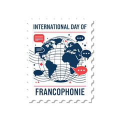 International Day of the Francophonie Postage Stamp Style Sticker Vector with Globe and French Language Celebration © Fikitabo
