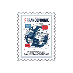International Day of the Francophonie Postage Stamp Style Sticker Vector with Globe and French Language Celebration © Fikitabo
