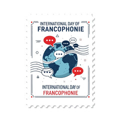 International Day of the Francophonie Postage Stamp Style Sticker Vector with Globe and French Language Celebration © Fikitabo