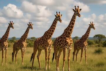 Obraz premium Giraffes standing in savannah landscape.