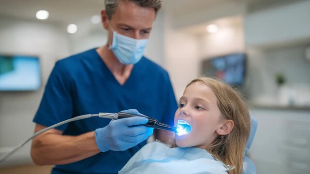 Professional children&rsquo;s dental cleaning scene, defocused dentist using electric polishing tool during oral hygiene procedure, modern pediatric clinic, soothing colors, shallow dept