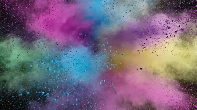 Colorful powder explosion in the air with vibrant colors and dynamic movement creating an abstract scene from a top viewpoint