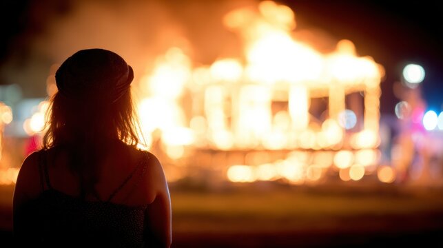 Woman watches large fire burning a building at night near a city street