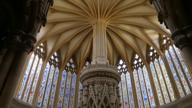 Historic Church Interior. Ancient Religious Structure Showcasing Intricate Stained Glass And Stone Carvings
