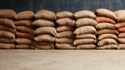 Burlap sacks filled with agricultural products stacked in a storage area