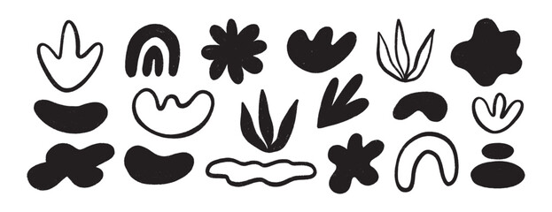 Fototapeta premium Crayon organic shapes set. Hand drawn black flowers, wave organic figures, rainbow forms. Vector illustrations on transparent background, elements for creative graphic projects and designs.