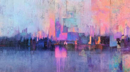 Obraz premium Sunset over a city skyline with reflections on water in pastel colors