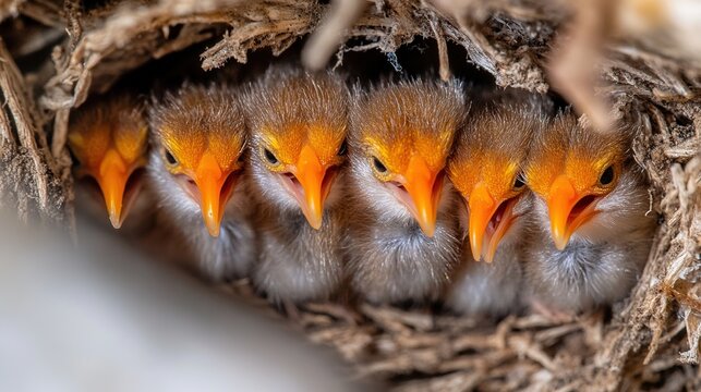 precocial. Eight songbird chicks huddled in a woven nest, beaks open, soft natural light. wildlife magazines, conservation campaigns, designed for nature documentaries and education.