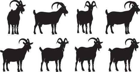 Fototapeta premium Black Silhouettes of Goats on White Background Illustration Set