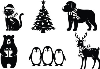 Collection of black silhouettes featuring Christmas cat dog bear reindeer and penguins with scarfs and decorated tree for holiday designs, © MDMOHOBBAT