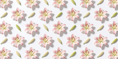 A repeating pattern of pink lily flowers and light green buds arranged aesthetically in a flat, minimalist style on a white background.