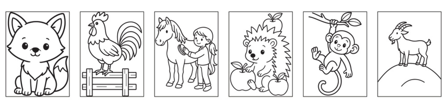 Collection of cute cartoon animals and a child for coloring fun