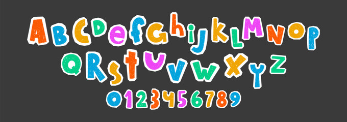 Hand-drawn letters with crayon texture. Cute alphabet cutouts in paper font style, ideal for children's crafts, scrapbook designs. Vector illustration. © Arina