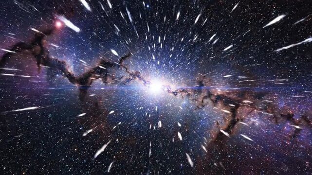 Cosmic explosion with shooting stars and galaxy formation in deep space viewed from a distant planet