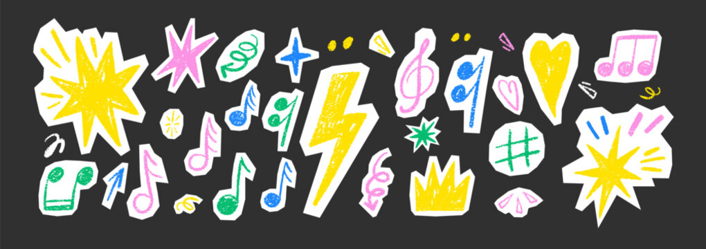 Hand-drawn music notes and rock elements with crayon texture. Punk doodle stickers featuring lightning bolts and hearts for scrapbook and collage project. Vector illustration.